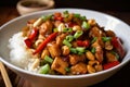 Kung Pao chicken on a bed of steaming white rice with spicy red peppers, diced peanuts, and crispy green onions