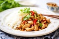 kung pao chicken over white rice on a plate Royalty Free Stock Photo