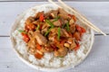 Kung Pao Chicken in white plate on Wood Background Royalty Free Stock Photo
