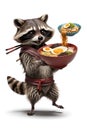 A kungfu racoon, animal creatures and flying ramen with egg and slice meat toppings, adorable, cute, white background, printable