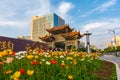 KUNMING-MARCH 15, 2015. Illuminated arches downtown, The golden horse gate in morning light. Kunming is the capital and largest