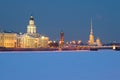 Kunstkammer, Rostral column and Peter and Paul Cathedral in February twilight. Saint-Petersburg, Russia