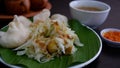 Kupat Tahu is made from fried ketupat, tofu, cabbage and bean sprouts, mixed with peanut sauce and soy sauce. Royalty Free Stock Photo