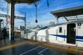 Shinkansen train at the railway station okayama of JAPAN.