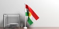 Kurdistan flag next to a glass ballot box on wooden surface. 3d illustration