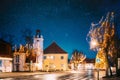 Kuressaare, Estonia. Building Of Fire Bell Tower And Kuressaare Town Hall In Evening Christmas Xmas New Year Royalty Free Stock Photo