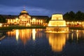 Kurhaus and Bowling Green in the evening with lights, Wiesbaden, Hesse, Germany