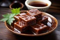 Chestnuts yokan, sweet bean jelly, jelly made from Azuki beans, Japanese wagashi and green tea. ai generated Royalty Free Stock Photo