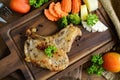 Kurobuta pork chop steak on wooden table