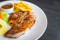 Kurobuta pork chop with vegetable and french fries Royalty Free Stock Photo