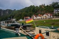 Kurort Rathen, Germany: Ferry crossing the river Elbe. Beautiful landscape with bastey rocks in the national Park Saxon