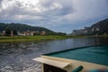 Kurort Rathen, Germany: Ferry crossing the river Elbe. Beautiful landscape with bastey rocks in the national Park Saxon