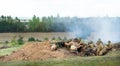 Kursk, Russia - august 2020. reconstruction of military events. Battle of Kursk 1943. soldiers in trench on battlefield