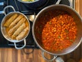 Kuru Fasulye Baked Beans and Turkish Dolma Lahana Sarmasi cabbage rolls in a pot Royalty Free Stock Photo