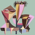 Vector hand drawn illustration cubist imaginative decorative abstract bird-like creatures