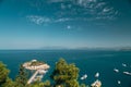 Kusadasi, Aydin Province, Turkey. Top View Of The Pigeon Island. Old 14th-15th Century Fortress On Guvercin Adasi In The