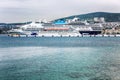 Kusadasi, Turkey, 05/19/2019: Cruise liners in the city port. Beautiful view from the sea on a sunny day. Space for text. A