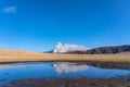 Kusasenri prairie in January, fuming Mt. Naka in the background