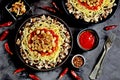 Kushari or Koushari - Egyptian dish of lentils, rice, pasta, chickpeas with tomato sauce and crispy onions. Arabic cuisine