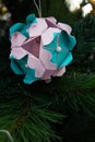 Kusudama Origami decoration in Christmas Tree Royalty Free Stock Photo