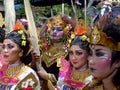 KUTA, INDONESIA - MARCH, 16, 2018: female dancers in the hindu new year parade on the streets of bali