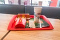 McRib menu in McDonald`s restaurant. McRib is a barbecue-flavored pork sandwich