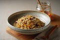 Kutia grain bowl with corn and seeds, rustic ceramic serving presentation Royalty Free Stock Photo