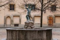 Kutna Hora, Central Bohemian, Czech Republic, 5 March 2022: Italian Courtyard or Vlassky dvur fountain with figure of miner,