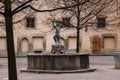 Kutna Hora, Central Bohemian, Czech Republic, 5 March 2022: Italian Courtyard or Vlassky dvur fountain with figure of miner,