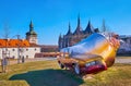 The Bird of Paradise sculpture against St Barbara Cathedral, on March 9 in Kutna Hora, Czech Republic Royalty Free Stock Photo