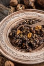 Kutya traditional Slavic holiday ritual dish with wheat, poppy, walnuts and honey. Slavic holiday ritual dish. top view