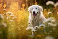 Kuvasz dog sitting in meadow field surrounded by vibrant wildflowers and grass on sunny day ai generated