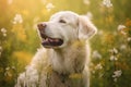 Kuvasz dog sitting in meadow field surrounded by vibrant wildflowers and grass on sunny day ai generated