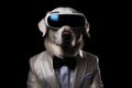 Kuvasz In Suit And Virtual Reality On Black Background