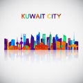 Kuwait city skyline silhouette in colorful geometric style.
