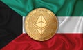 kuwait flag ethereum gold coin on flag background. The concept of blockchain bitcoin currency decentralization in the country.