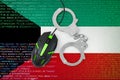 Kuwait flag and handcuffed computer mouse. Combating computer crime, hackers and piracy