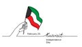 Kuwait Independence Day vector background with hand, flag and lettering. One continuous line drawing background of