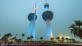 The Kuwait Towers day to night timelapse hyperlapse - the best known landmark of Kuwait City. Kuwait, Middle East Royalty Free Stock Photo