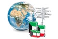 Kuwait travel concept. Suitcases with flag, signpost and Earth g