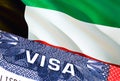 Kuwait Visa Document, with Kuwait flag in background. Kuwait flag with Close up text VISA on USA visa stamp in passport,3D Royalty Free Stock Photo