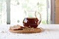 Kvass (kvas) in a transparent jug and rye bread Royalty Free Stock Photo