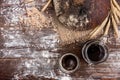 Kvass with rye bread on dark wooden background Royalty Free Stock Photo