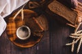 Kvass traditional drink made from fermented bread in a glass on the table top view