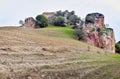 Kveshi fortress with pathway and cross on top. Historical and cultural heritage n Georgia