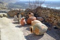 Kvevri - ancient clay vessels for wine in the cave city Uplistsikhe, Georgia Royalty Free Stock Photo