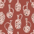 Kvevri vector seamless pattern. Traditional Georgian clay vessel, Qvevri, jug at brown background.