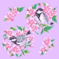 Vector illustration cross stitch birds and flowers
