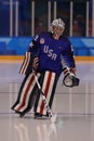 Olympic champion Team USA goalkeeper Nicole Hensley in action against Team Olympic Athlete from Russia