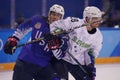 Team United States Blue in action against Team Slovenia during men`s ice hockey preliminary round game at 2018 Winter Olympics